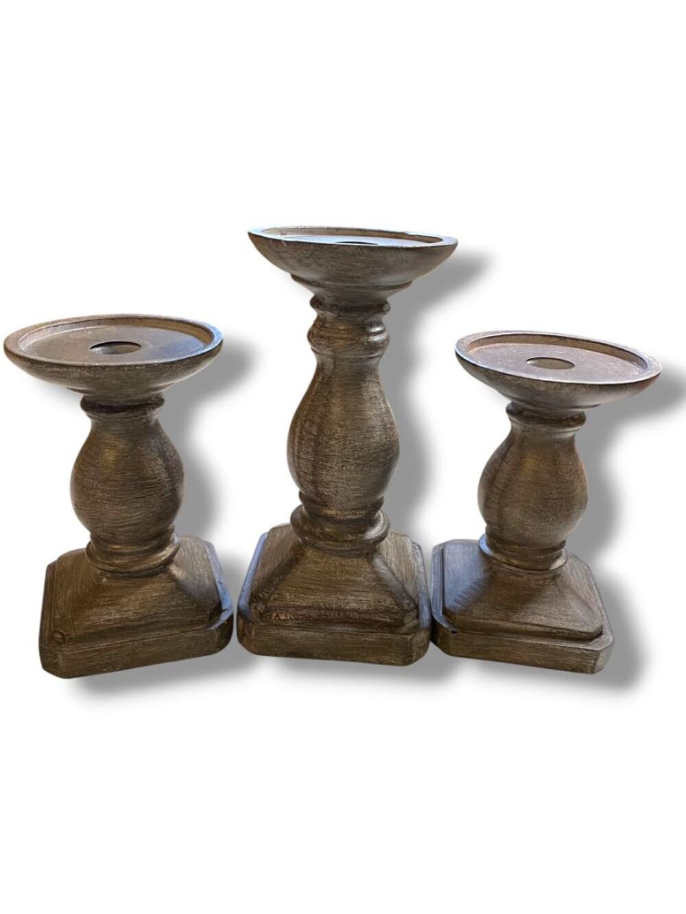 Set of 3 Taper or Pillar Candle Holders Pedestal Gray Distressed Finish 6" 8"